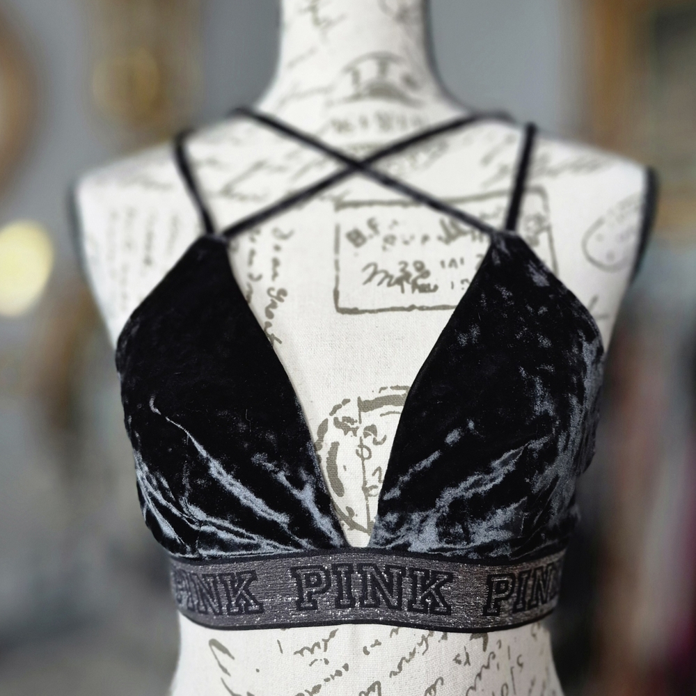 PINK Victoria's Secret Crisscross Black Velvet Bralette Medium